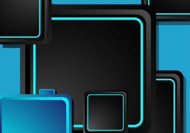 Siyah ve mavi neon kareler soyut yüksek teknoloji arkaplanı. Vektör geometrik tasarımı