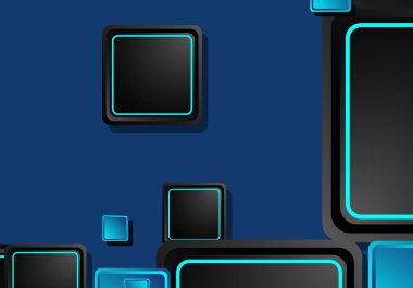 Siyah ve mavi neon kareler soyut yüksek teknoloji arkaplanı. Vektör geometrik tasarımı