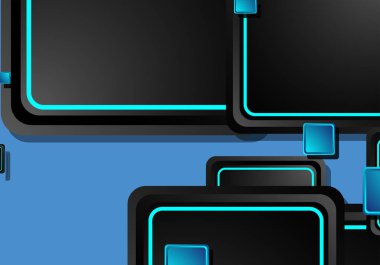 Siyah ve mavi neon kareler soyut yüksek teknoloji arkaplanı. Vektör geometrik tasarımı