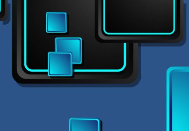 Siyah ve mavi neon kareler soyut yüksek teknoloji arkaplanı. Vektör geometrik tasarımı