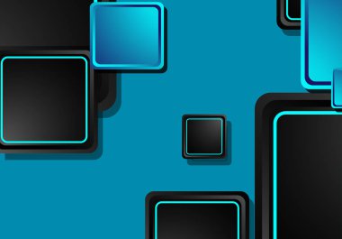Siyah ve mavi neon kareler soyut yüksek teknoloji arkaplanı. Vektör geometrik tasarımı