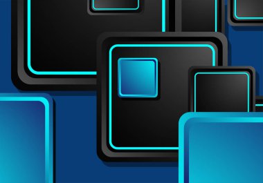 Siyah ve mavi neon kareler soyut yüksek teknoloji arkaplanı. Vektör geometrik tasarımı
