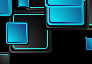 Siyah ve mavi neon kareler soyut yüksek teknoloji arkaplanı. Vektör geometrik tasarımı