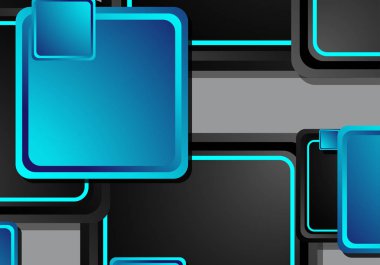 Siyah ve mavi neon kareler soyut yüksek teknoloji arkaplanı. Vektör geometrik tasarımı