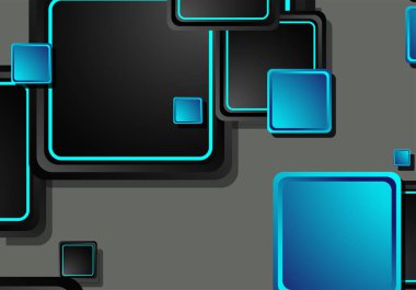 Siyah ve mavi neon kareler soyut yüksek teknoloji arkaplanı. Vektör geometrik tasarımı