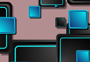 Siyah ve mavi neon kareler soyut yüksek teknoloji arkaplanı. Vektör geometrik tasarımı