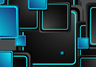 Siyah ve mavi neon kareler soyut yüksek teknoloji arkaplanı. Vektör geometrik tasarımı