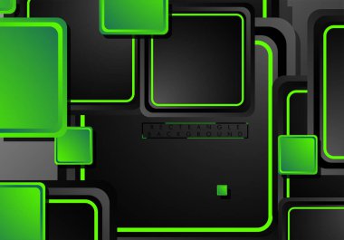Siyah ve yeşil neon kareler soyut hi-tech arka plan. Vektör geometrik tasarım