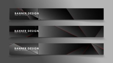 Kare afiş vektör koleksiyonu . Lüks koyu poligonal desen li ve kırmızı üçgen çizgileri olan siyah premium arka plan