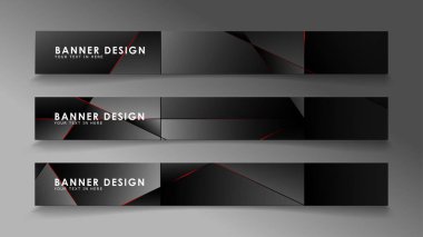 Kare afiş vektör koleksiyonu . Lüks koyu poligonal desen li ve kırmızı üçgen çizgileri olan siyah premium arka plan