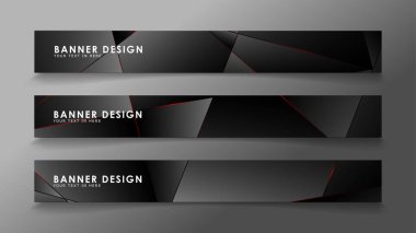 Kare afiş vektör koleksiyonu . Lüks koyu poligonal desen li ve kırmızı üçgen çizgileri olan siyah premium arka plan