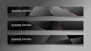 Kare afiş vektör koleksiyonu . Lüks koyu poligonal desen li ve kırmızı üçgen çizgileri olan siyah premium arka plan