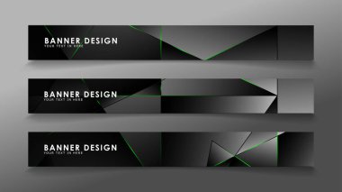 kare afiş vektör koleksiyonu . Lüks koyu poligonal desen ve yeşil üçgen çizgileri ile siyah prim arka plan