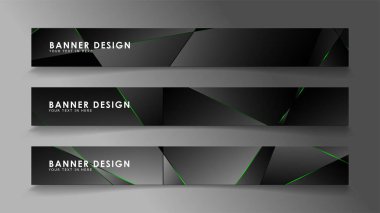 kare afiş vektör koleksiyonu . Lüks koyu poligonal desen ve yeşil üçgen çizgileri ile siyah prim arka plan