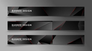 Kare afiş vektör koleksiyonu . Lüks koyu poligonal desen li ve kırmızı üçgen çizgileri olan siyah premium arka plan