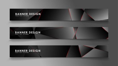 Kare afiş vektör koleksiyonu . Lüks koyu poligonal desen li ve kırmızı üçgen çizgileri olan siyah premium arka plan