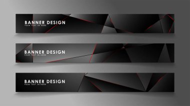 Kare afiş vektör koleksiyonu . Lüks koyu poligonal desen li ve kırmızı üçgen çizgileri olan siyah premium arka plan