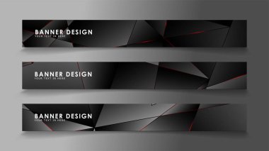 Kare afiş vektör koleksiyonu . Lüks koyu poligonal desen li ve kırmızı üçgen çizgileri olan siyah premium arka plan