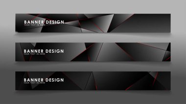 Kare afiş vektör koleksiyonu . Lüks koyu poligonal desen li ve kırmızı üçgen çizgileri olan siyah premium arka plan