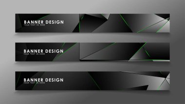 kare afiş vektör koleksiyonu . Lüks koyu poligonal desen ve yeşil üçgen çizgileri ile siyah prim arka plan