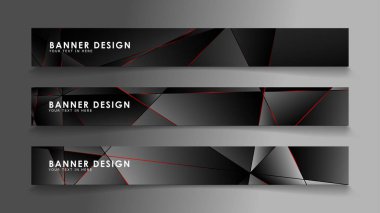 Kare afiş vektör koleksiyonu . Lüks koyu poligonal desen li ve kırmızı üçgen çizgileri olan siyah premium arka plan