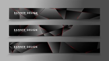 Kare afiş vektör koleksiyonu . Lüks koyu poligonal desen li ve kırmızı üçgen çizgileri olan siyah premium arka plan