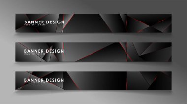 Kare afiş vektör koleksiyonu . Lüks koyu poligonal desen li ve kırmızı üçgen çizgileri olan siyah premium arka plan