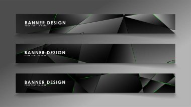 kare afiş vektör koleksiyonu . Lüks koyu poligonal desen ve yeşil üçgen çizgileri ile siyah prim arka plan