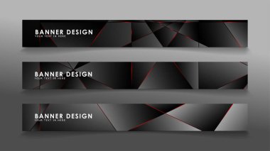 Kare afiş vektör koleksiyonu . Lüks koyu poligonal desen li ve kırmızı üçgen çizgileri olan siyah premium arka plan