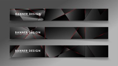 Kare afiş vektör koleksiyonu . Lüks koyu poligonal desen li ve kırmızı üçgen çizgileri olan siyah premium arka plan