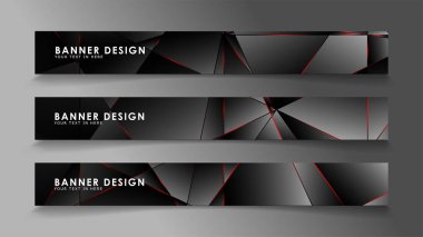 Kare afiş vektör koleksiyonu . Lüks koyu poligonal desen li ve kırmızı üçgen çizgileri olan siyah premium arka plan