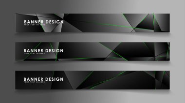 kare afiş vektör koleksiyonu . Lüks koyu poligonal desen ve yeşil üçgen çizgileri ile siyah prim arka plan