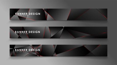 Kare afiş vektör koleksiyonu . Lüks koyu poligonal desen li ve kırmızı üçgen çizgileri olan siyah premium arka plan