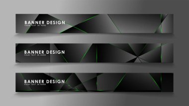 kare afiş vektör koleksiyonu . Lüks koyu poligonal desen ve yeşil üçgen çizgileri ile siyah prim arka plan