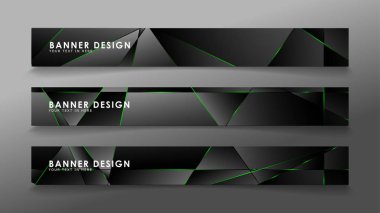 kare afiş vektör koleksiyonu . Lüks koyu poligonal desen ve yeşil üçgen çizgileri ile siyah prim arka plan