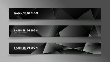 kare afiş vektör koleksiyonu . Lüks koyu poligonal desen ve yeşil üçgen çizgileri ile siyah prim arka plan