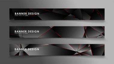 Kare afiş vektör koleksiyonu . Lüks koyu poligonal desen li ve kırmızı üçgen çizgileri olan siyah premium arka plan