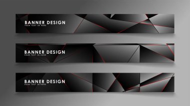 Kare afiş vektör koleksiyonu . Lüks koyu poligonal desen li ve kırmızı üçgen çizgileri olan siyah premium arka plan