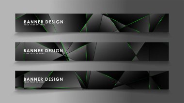 kare afiş vektör koleksiyonu . Lüks koyu poligonal desen ve yeşil üçgen çizgileri ile siyah prim arka plan