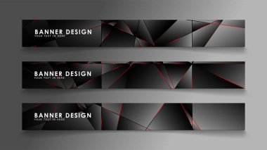 Kare afiş vektör koleksiyonu . Lüks koyu poligonal desen li ve kırmızı üçgen çizgileri olan siyah premium arka plan