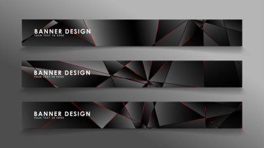 Kare afiş vektör koleksiyonu . Lüks koyu poligonal desen li ve kırmızı üçgen çizgileri olan siyah premium arka plan