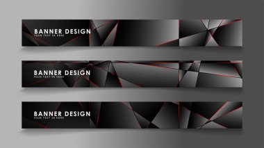 Kare afiş vektör koleksiyonu . Lüks koyu poligonal desen li ve kırmızı üçgen çizgileri olan siyah premium arka plan