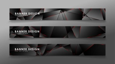 Kare afiş vektör koleksiyonu . Lüks koyu poligonal desen li ve kırmızı üçgen çizgileri olan siyah premium arka plan