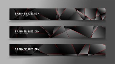 Kare afiş vektör koleksiyonu . Lüks koyu poligonal desen li ve kırmızı üçgen çizgileri olan siyah premium arka plan