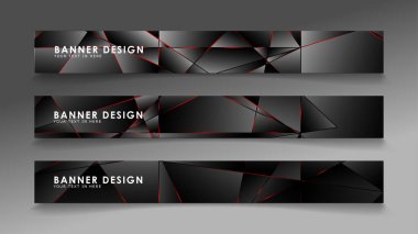 Kare afiş vektör koleksiyonu . Lüks koyu poligonal desen li ve kırmızı üçgen çizgileri olan siyah premium arka plan