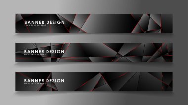 Kare afiş vektör koleksiyonu . Lüks koyu poligonal desen li ve kırmızı üçgen çizgileri olan siyah premium arka plan