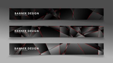 Kare afiş vektör koleksiyonu . Lüks koyu poligonal desen li ve kırmızı üçgen çizgileri olan siyah premium arka plan