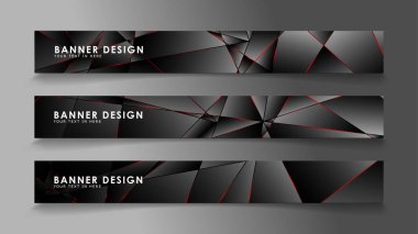 Kare afiş vektör koleksiyonu . Lüks koyu poligonal desen li ve kırmızı üçgen çizgileri olan siyah premium arka plan