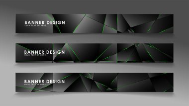 kare afiş vektör koleksiyonu . Lüks koyu poligonal desen ve yeşil üçgen çizgileri ile siyah prim arka plan