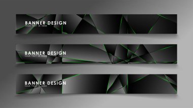 kare afiş vektör koleksiyonu . Lüks koyu poligonal desen ve yeşil üçgen çizgileri ile siyah prim arka plan